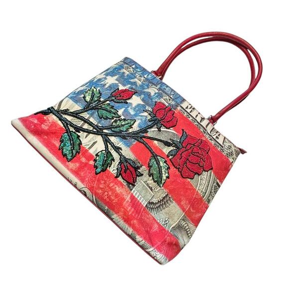 Isabella Fiore USA Flag Red Rose Sequined Bag Multicolored Red White Blue - Picture 1 of 9